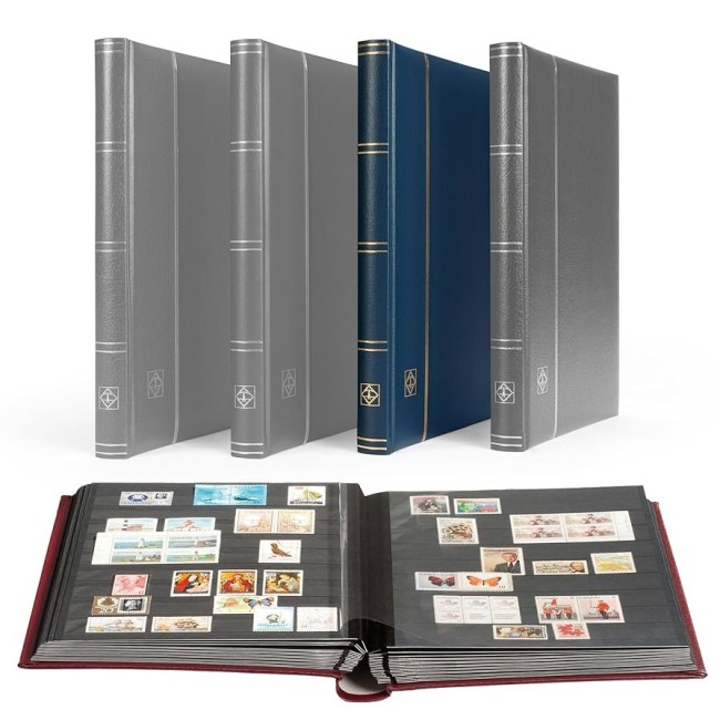 Clasor timbre PREMIUM 32file / 64pagini negre, in caseta de protectie, albastru