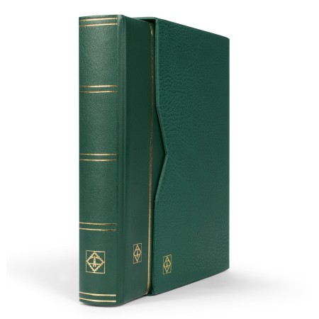 Clasor timbre PREMIUM 32file / 64pagini negre, cu caseta de protectie, verde