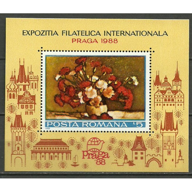 1988 - expo Praga, pictura, flori, colita neuzata 1988 - expo Praga, pictura, flori, colita neuzata