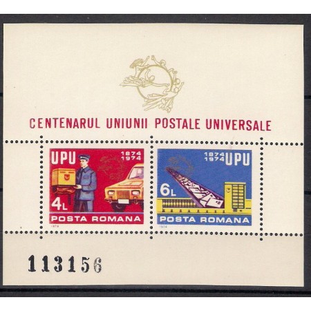 1974 - Centenarul UPU, colita numerotata neuzata