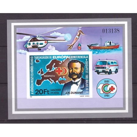 Ungaria 1981 - Crucea Rosie, elicopter, Henri Dunant, colita nedantelata neuzata Ungaria 1981 - Crucea Rosie, elicopter, Henri Dunant, colita nedantelata neuzata