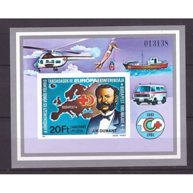 Ungaria 1981 - Crucea Rosie, elicopter, Henri Dunant, colita nedantelata neuzata Ungaria 1981 - Crucea Rosie, elicopter, Henri Dunant, colita nedantelata neuzata
