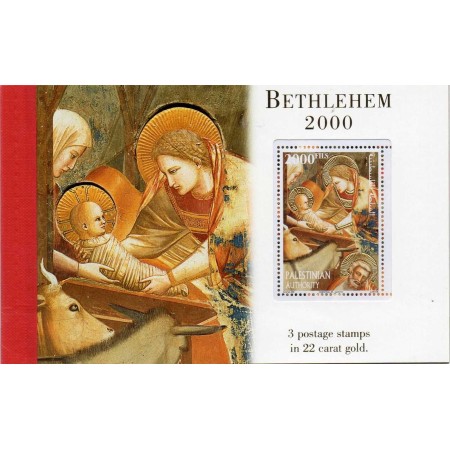 Palestina 2000 - Craciun, Bethlehem, carnet timbre folio aur Palestina 2000 - Craciun, Bethlehem, carnet timbre folio aur