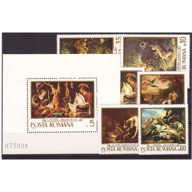1970 - Reproduceri de arta, vanatoare, serie+colita neuzata