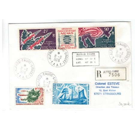 T.A.A.F. 1976 - Plic recom. din Alfred-Faure, cu Mi94,Mi81,Mi96- T.A.A.F. 1976 - Plic recom. din Alfred-Faure, cu Mi94,Mi81,Mi96-