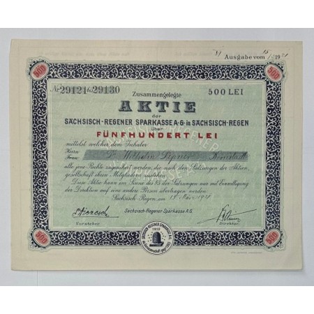 Reghin (Mures) 1921 - Actiune 500 Lei Casa de Economii Reghin (Mures) 1921 - Actiune 500 Lei Casa de Economii