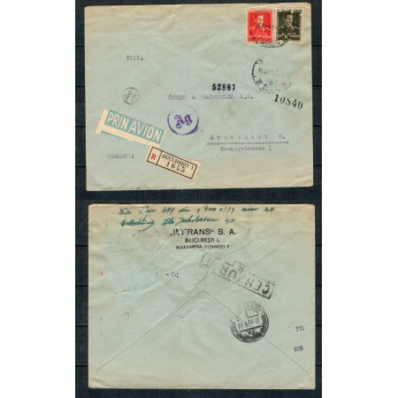 1944 - Plic circulat recomandat Par Avion Bucuresti-Stuttgart 1944 - Plic circulat recomandat Par Avion Bucuresti-Stuttgart