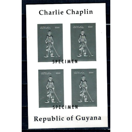Guyana 1994 - Charlie Chaplin, KLB neuzat, silver foil SPECIMEN Guyana 1994 - Charlie Chaplin, KLB neuzat, silver foil SPECIMEN