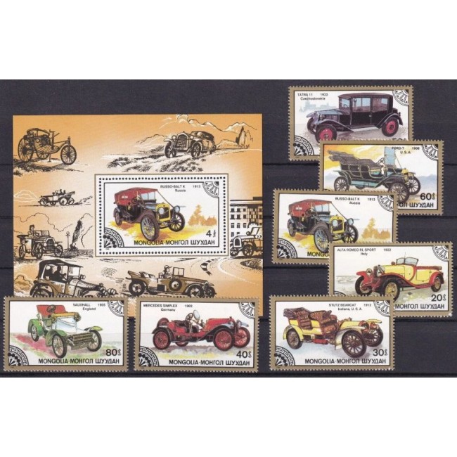 Mongolia 1986 - Masini de epoca, serie+colita neuzata