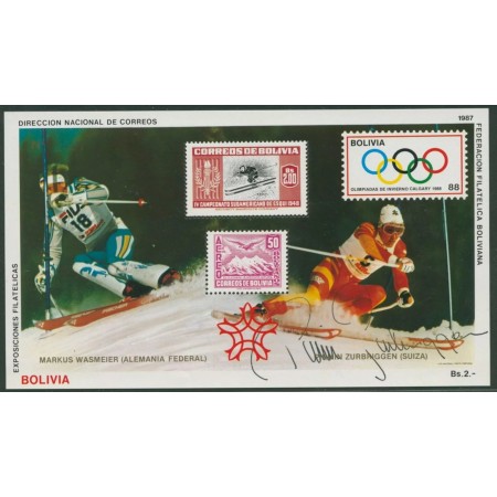 Bolivia 1987 - JocurileOlimpice Calgary, colita neuzata cu autog Bolivia 1987 - JocurileOlimpice Calgary, colita neuzata cu autog