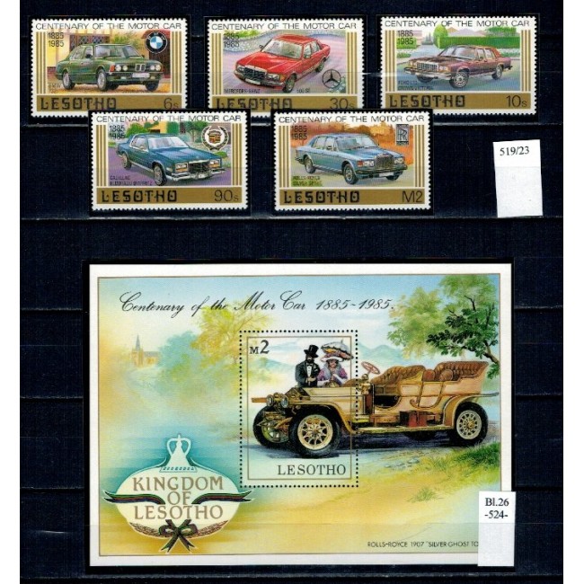 Lesotho 1985 - Masini de epoca, serie+colita neuzata