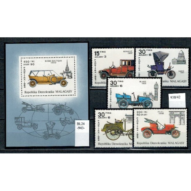 Madagascar 1984 - Masini de epoca, auto, serie+colita neuzata
