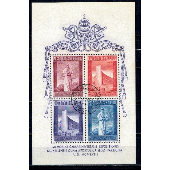 Vatican 1958 - Expo Bruxelles, colita cu stampila prima zi