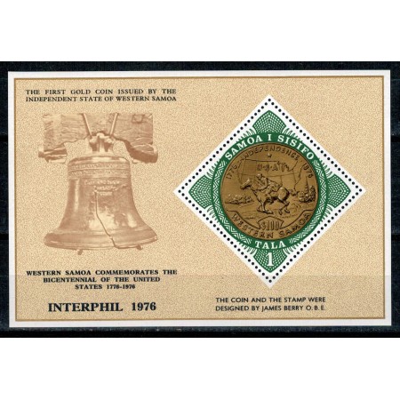 Samoa 1976 - Moneda pe timbru, calarie, expo Interphil76, colita Samoa 1976 - Moneda pe timbru, calarie, expo Interphil76, colita