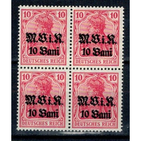 1917 - Ocupatia germana in Romania, supratipar MViR, Mi.No.4 bloc de 4 neuzat 1917 - Ocupatia germana in Romania, supratipar MViR, Mi.No.4 bloc de 4 neuzat