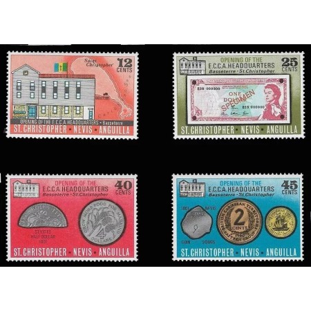 St. Christopher Nevis Anguilla 1975 - Monede si bancnote pe timbre, serie neuzata St. Christopher Nevis Anguilla 1975 - Monede si bancnote pe timbre, serie neuzata