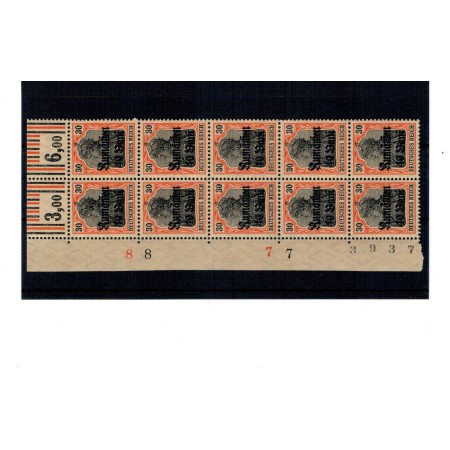 1918 - Ocupatia germana in Romania, Mi.No.12 bloc de 10 neuzat cu margine coala 1918 - Ocupatia germana in Romania, Mi.No.12 bloc de 10 neuzat cu margine coala