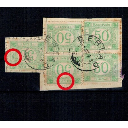 1908 - Taxa de Plata, 50 bani, decupaj cu 5 marci, doua cu erori 1908 - Taxa de Plata, 50 bani, decupaj cu 5 marci, doua cu erori