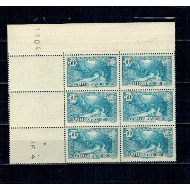 Andorra(Fr) 1943 - Mi.No.94 neuzat in bloc de 6 Andorra(Fr) 1943 - Mi.No.94 neuzat in bloc de 6