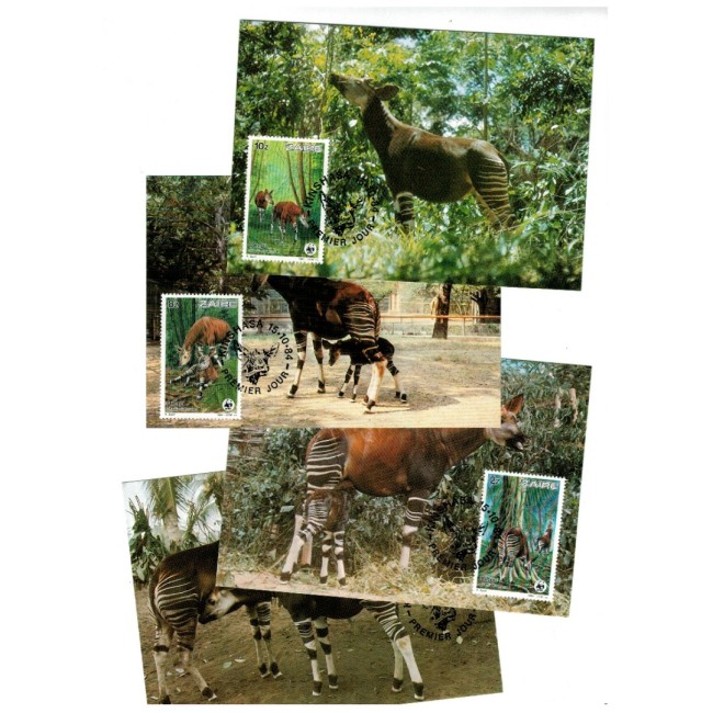 Zaire 1984 - Fauna WWF, okapi, serie carti postale maxime Zaire 1984 - Fauna WWF, okapi, serie carti postale maxime