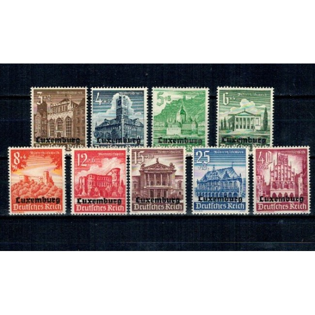 Luxemburg, ocupația Germana 1941 - Clădiri, arhitectura, Winterhilfswerk, supratipar, serie nestampilata cu sarniere Luxemburg, ocupația Germana 1941 - Clădiri, arhitectura, Winterhilfswerk, supratipar, serie nestampilata cu sarniere
