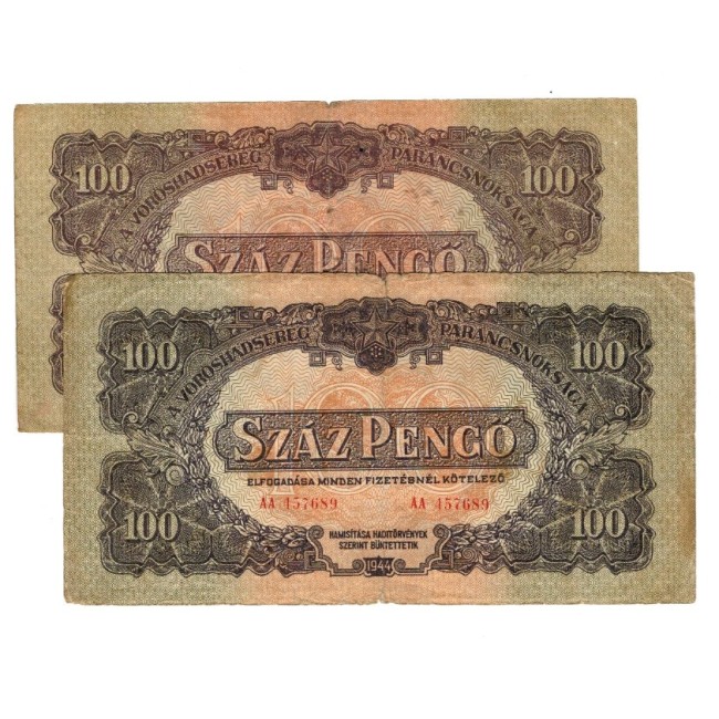 Ungaria 1944 - 100 pengo, doua bucăți nuanțe diferite, circulate Ungaria 1944 - 100 pengo, doua bucăți nuanțe diferite, circulate