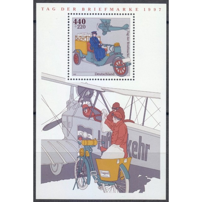 Germania 1997 - Ziua mărcii poștale, mașina de epoca, avion, colita neuzata Germania 1997 - Ziua mărcii poștale, mașina de epoca, avion, colita neuzata