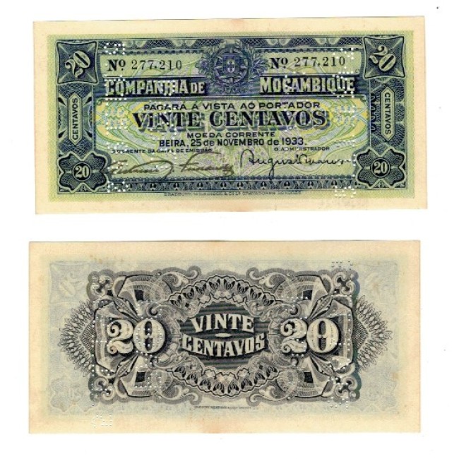 Mozambic 1933 - 20 centavos, anulata prin perforare, aUNC Mozambic 1933 - 20 centavos, anulata prin perforare, aUNC