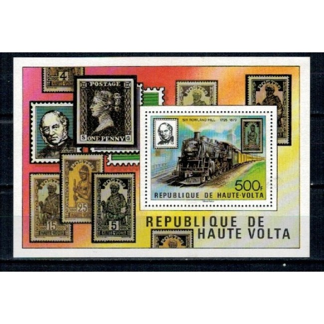 Haute Volta 1973 - Rowland Hill, locomotive, colita neuzata Haute Volta 1973 - Rowland Hill, locomotive, colita neuzata