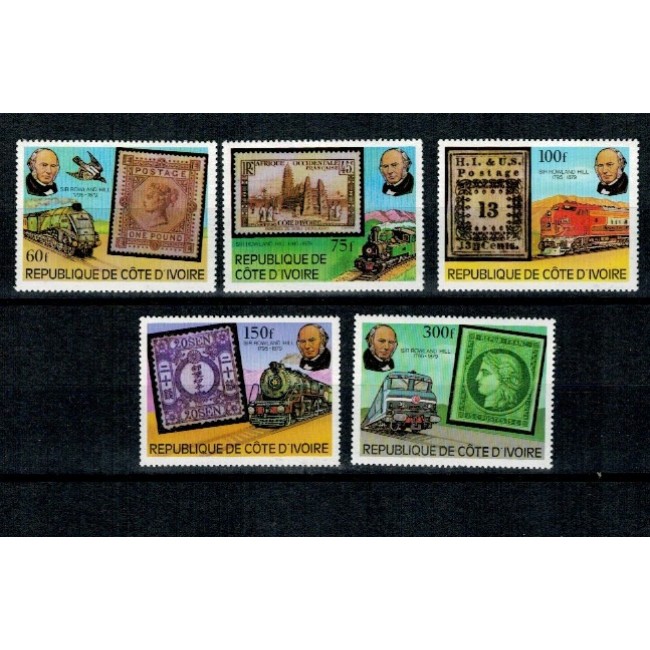 Cote Divoire 1979 - Rowland Hill, timbru pe timbru, locomotive, trenuri, serie neuzata Cote Divoire 1979 - Rowland Hill, timbru pe timbru, locomotive, trenuri, serie neuzata