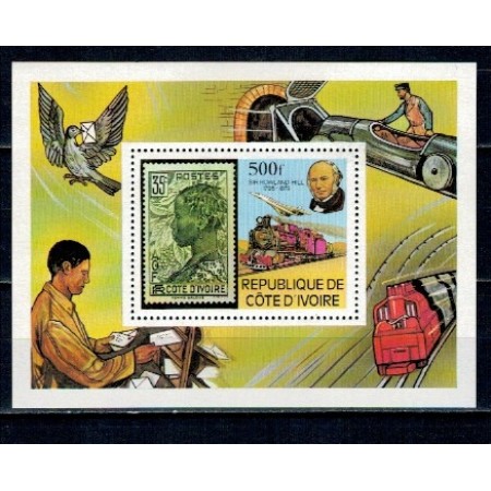 Cote Divoire 1985 - Rowland Hill, timbru pe timbru, locomotive, trenuri, colita neuzata Cote Divoire 1985 - Rowland Hill, timbru pe timbru, locomotive, trenuri, colita neuzata