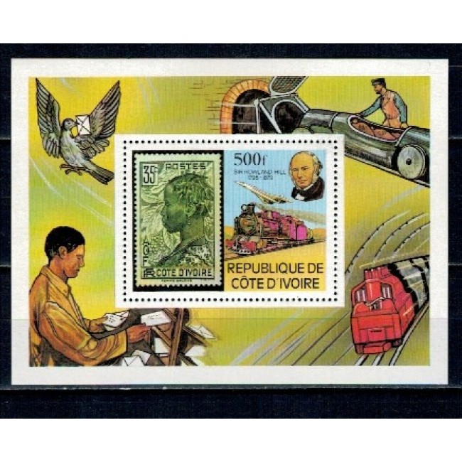 Cote Divoire 1985 - Rowland Hill, timbru pe timbru, locomotive, trenuri, colita neuzata Cote Divoire 1985 - Rowland Hill, timbru pe timbru, locomotive, trenuri, colita neuzata