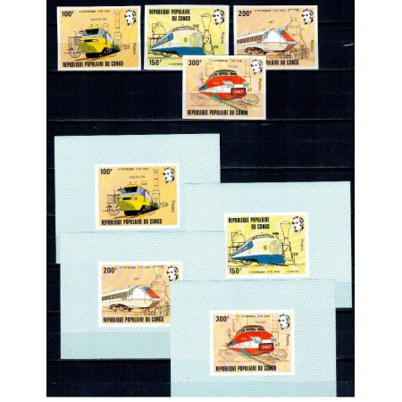 Congo 1982 - Locomotive, trenuri, G, Stephenson, serie nedantelata si colite nedantelate DELUXE neuzate Congo 1982 - Locomotive, trenuri, G, Stephenson, serie nedantelata si colite nedantelate DELUXE neuzate