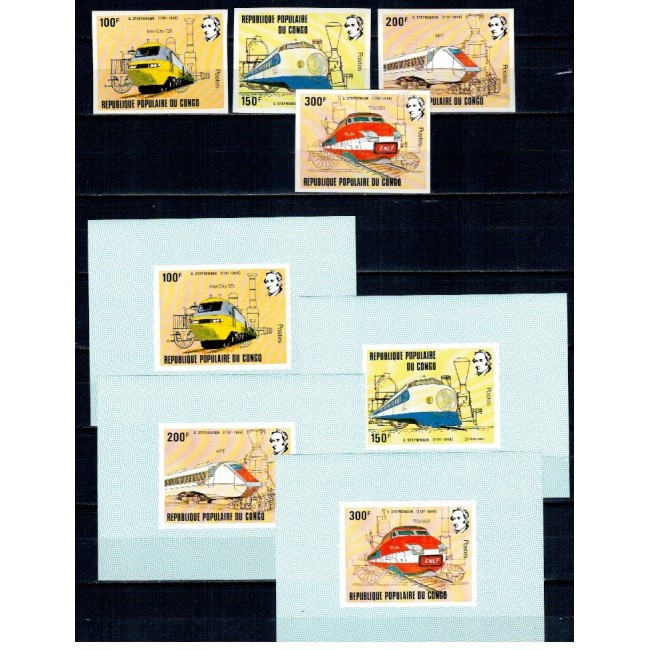 Congo 1982 - Locomotive, trenuri, G, Stephenson, serie nedantelata si colite nedantelate DELUXE neuzate Congo 1982 - Locomotive, trenuri, G, Stephenson, serie nedantelata si colite nedantelate DELUXE neuzate
