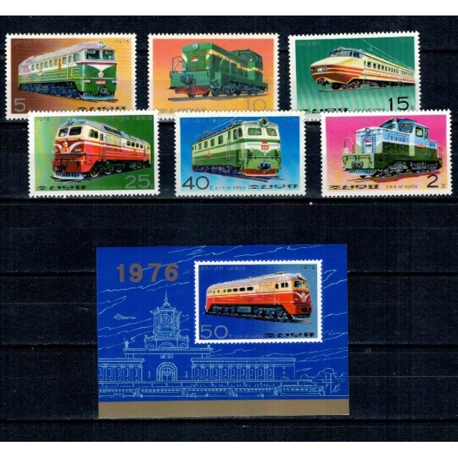 DPR Korea 1976 - Locomotive, trenuri, serie si colita neuzata DPR Korea 1976 - Locomotive, trenuri, serie si colita neuzata