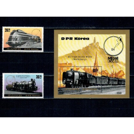 DPR Korea 1984 - Locomotive, trenuri, Expo Essen, serie si colita neuzata DPR Korea 1984 - Locomotive, trenuri, Expo Essen, serie si colita neuzata