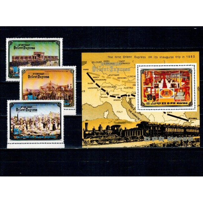 DPR Korea 1984 - Orient Express, trenuri, cai ferate, serie si colita neuzata DPR Korea 1984 - Orient Express, trenuri, cai ferate, serie si colita neuzata