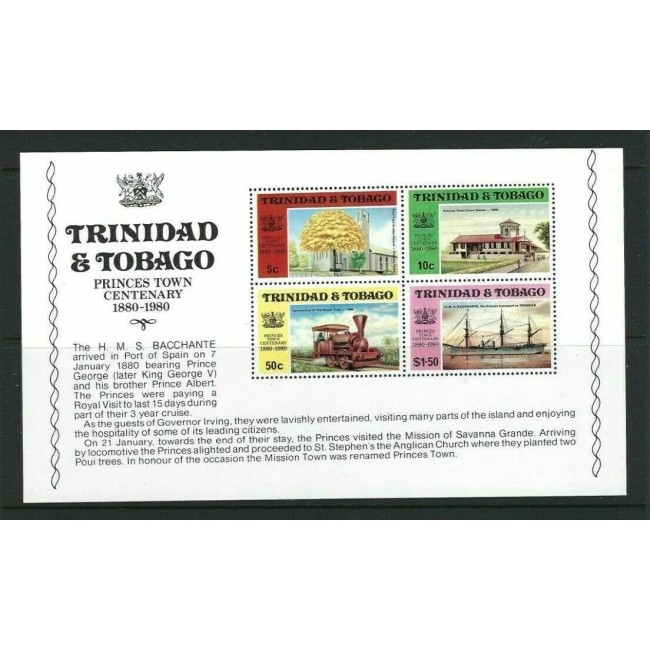 Trinidad Tobago 1980 - Orașul Princes Town, cai ferate, vapor, bloc neuzat Trinidad Tobago 1980 - Orașul Princes Town, cai ferate, vapor, bloc neuzat