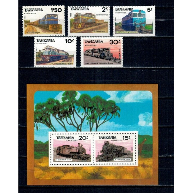 Tanzania 1985 - Locomotive, serie si bloc neuzat Tanzania 1985 - Locomotive, serie si bloc neuzat