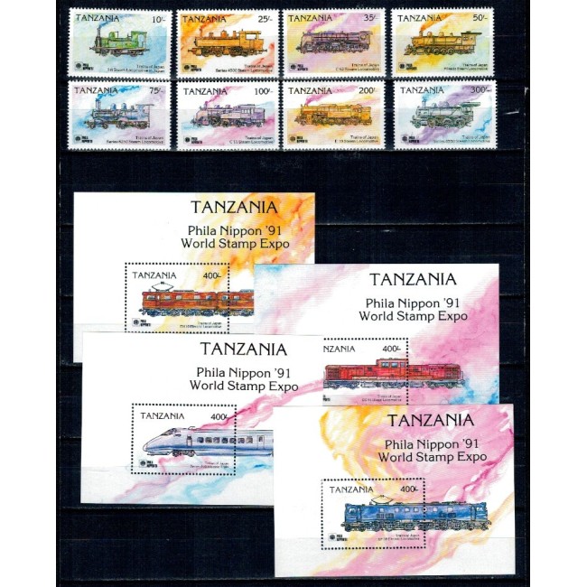 Tanzania 1991 - Locomotive, trenuri, Philanippon, serie si colite neuzate Tanzania 1991 - Locomotive, trenuri, Philanippon, serie si colite neuzate