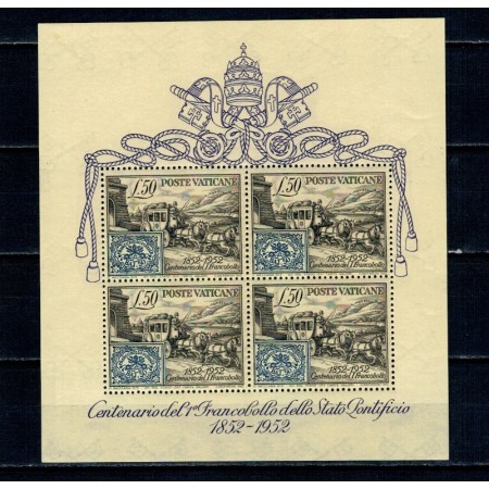 Vatican 1952 - Centenarul primului timbru emis de Statul Papal, bloc neuzat Vatican 1952 - Centenarul primului timbru emis de Statul Papal, bloc neuzat