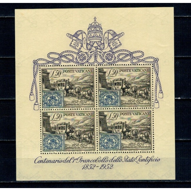 Vatican 1952 - Centenarul primului timbru emis de Statul Papal, bloc neuzat Vatican 1952 - Centenarul primului timbru emis de Statul Papal, bloc neuzat