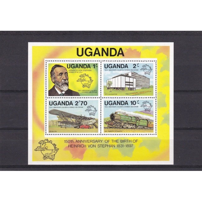 Uganda 1981 - Heinrich von Stephan, UPU, transport, tren, avion, bloc neuzat Uganda 1981 - Heinrich von Stephan, UPU, transport, tren, avion, bloc neuzat