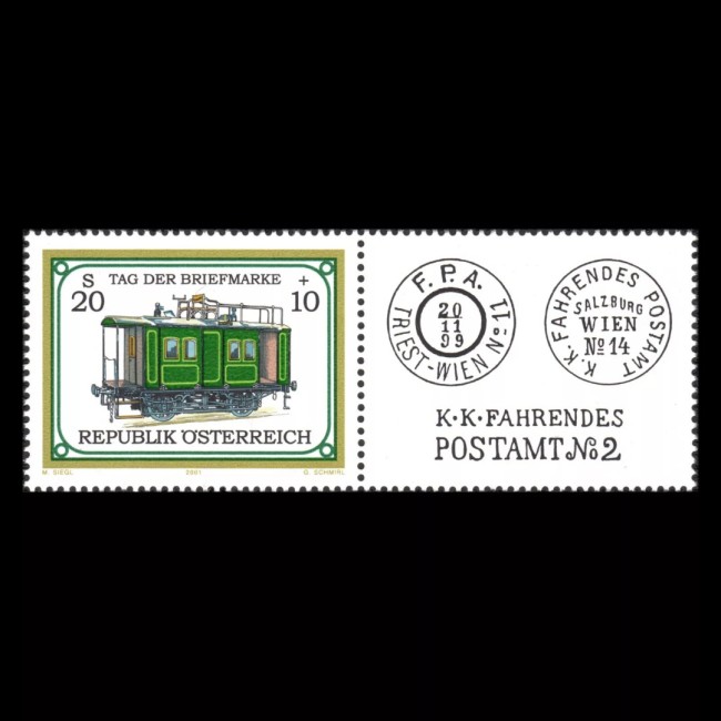 Austria 2001 - Ziua marcii postale, trenuri, cai ferate, neuzata cu vinieta