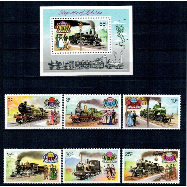 Liberia 1973 - Locomotive, trenuri, cai ferate, serie si colita neuzata Liberia 1973 - Locomotive, trenuri, cai ferate, serie si colita neuzata