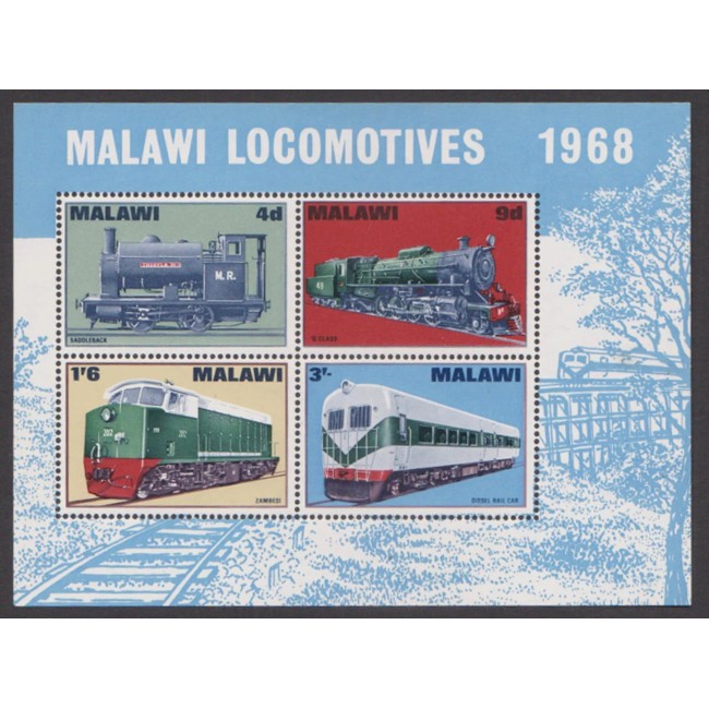 Malawi 1968 - Locomotive, cai ferate, trenuri, bloc neuzat Malawi 1968 - Locomotive, cai ferate, trenuri, bloc neuzat