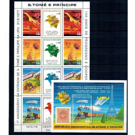 Sao Tome 1978 - Centenar UPU, transport, avion, vapor, tren, minicoala si colita neuzata Sao Tome 1978 - Centenar UPU, transport, avion, vapor, tren, minicoala si colita neuzata