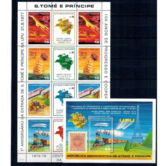 Sao Tome 1978 - Centenar UPU, transport, avion, vapor, tren, minicoala si colita neuzata Sao Tome 1978 - Centenar UPU, transport, avion, vapor, tren, minicoala si colita neuzata