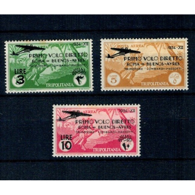 Tripolitania Italiana 1934 - Primul zbor ROMA-BUENOS AYRES, serie incompleta nestampilata, cal.II