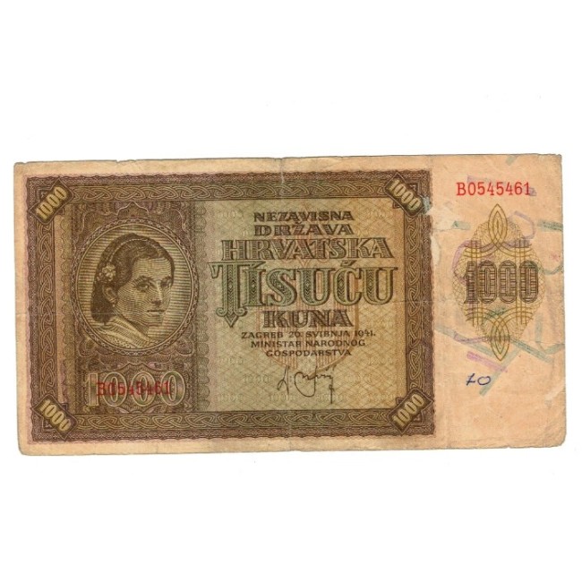 Croatia 1941 - 1000 kuna, circulata Croatia 1941 - 1000 kuna, circulata